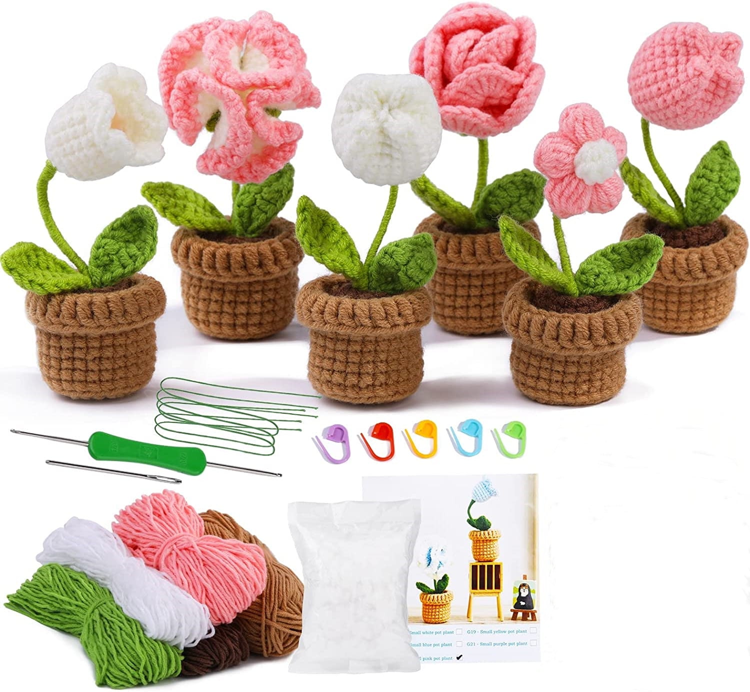 YKLOWILE Crochet Kit for Beginners - 6pcs Pink Potted Flowers, Beginner Crochet Starter Kit for Complete Beginners Adults,DIY Crocheting Knitting