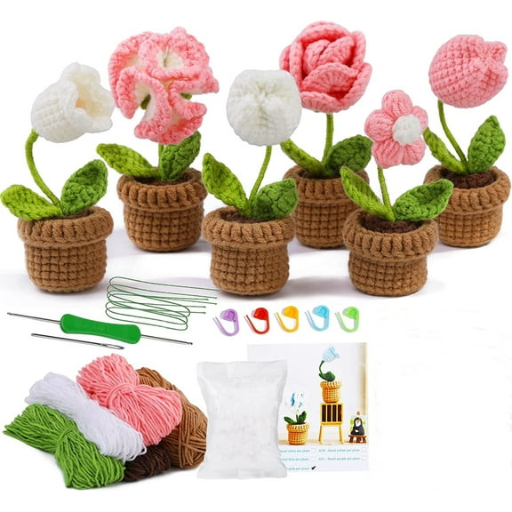 Crochet Kit,6 pcs Potted Flowers Crochet Kit for Beginners and Experts,DIY Beginner Craft Complete Crochet Set,Pink