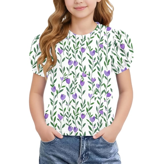 Mifsaly Girls Puff Sleeve Floral T-Shirts Kids Cute Print Summer Casual Tops Soft Lightweight Tee for Playtime and Outdoor Activities