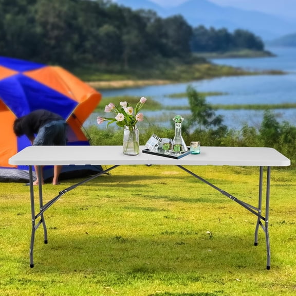 4 Feet Folding Picnic Table, Plastic Table with Carrying Handle, Heavy Duty Portable Table for Camping Party, White