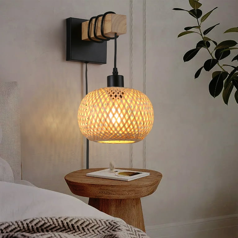 Focolux Modern Rattan Wall Sconce With Plug – Handmade Bamboo Shade Lamp For Farmhouse Kitchen, Bedroom & Living Room