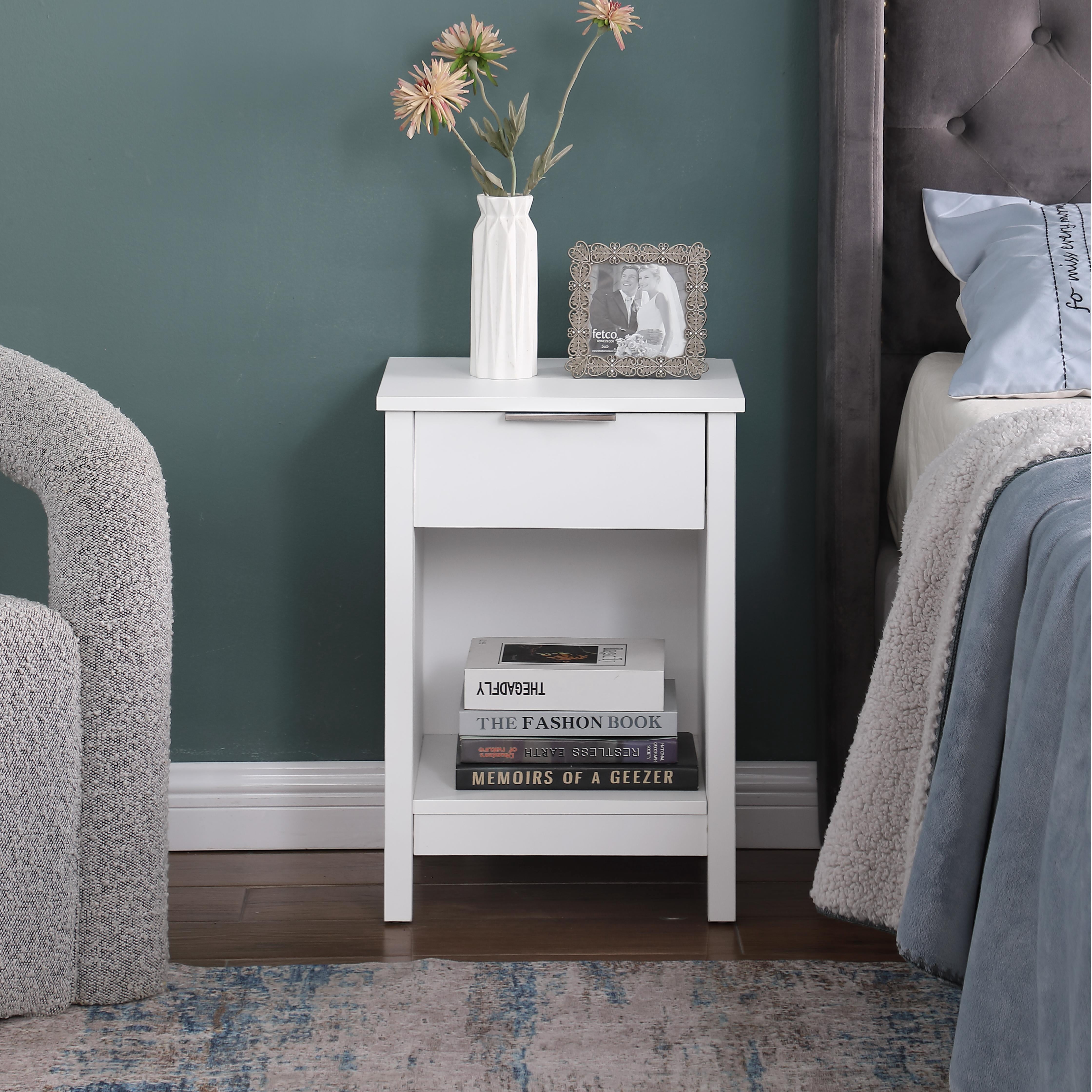 Nightstand with Drawer,3-Tier End Side Table with Storage Drawer and Shelf,Modern Bedside Night Stand for Bedroom, Living Room-Retro White