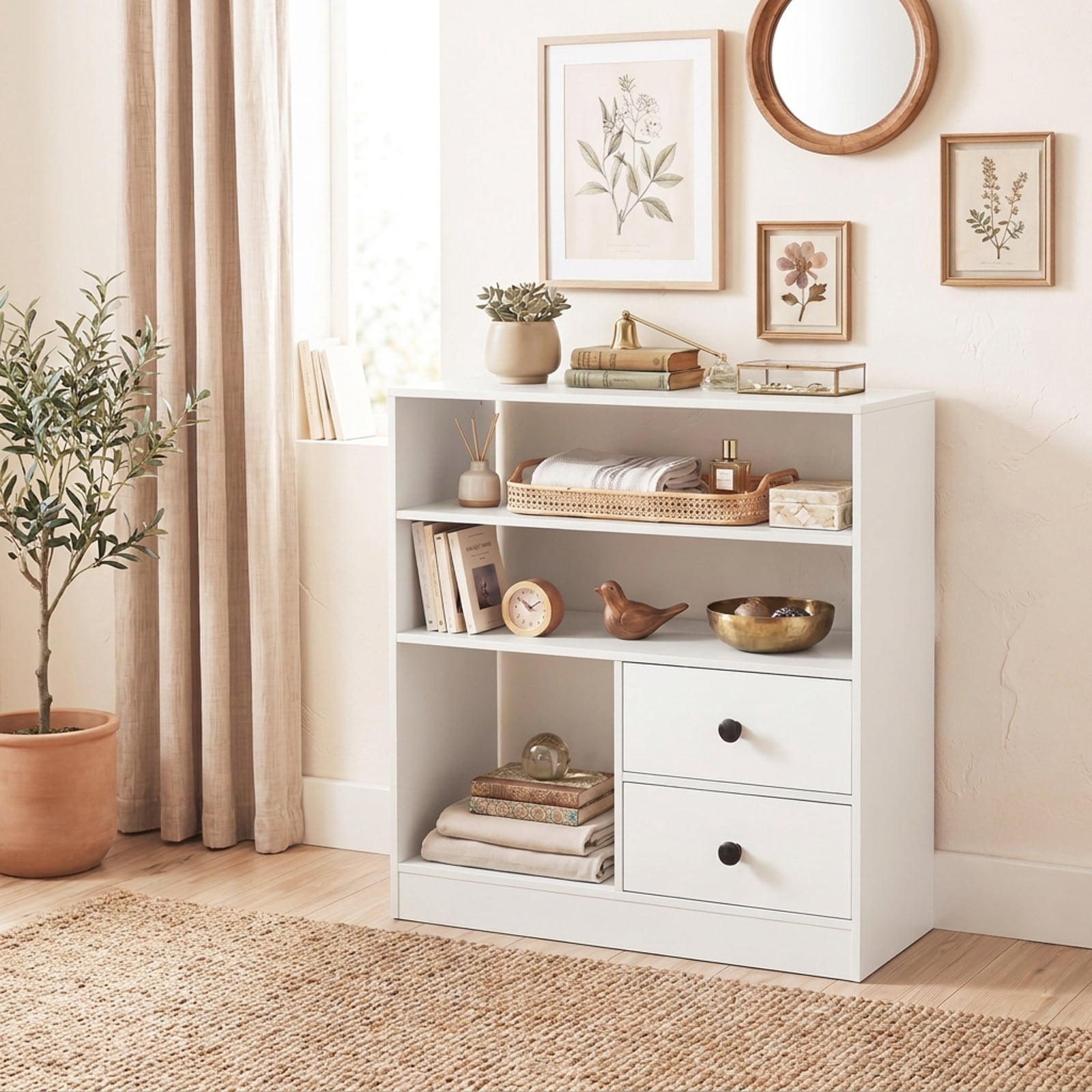 Furnibear Open Accent Cabinet with 2 Drawers 3 Compartments and Countertop Bookshelf Storage for Entryway Living Room and Bedroom, White