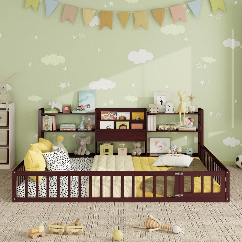 Queen Size Floor Bed Montessori Bed with Integrated Bookcase and 3-Tier Storage Shelves, Wooden Low Profile Toddler Bed Platform Bed with Safety Guardrails for Boys Girls
