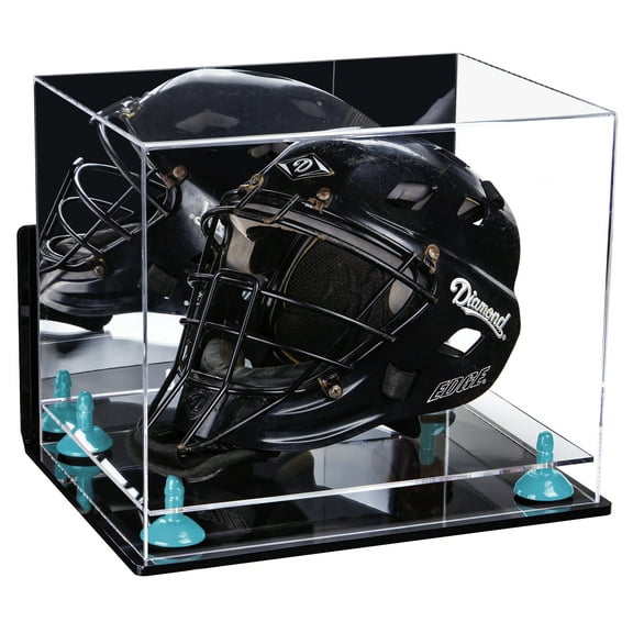 Deluxe Acrylic Catchers Helmet Display Case with Mirror, Wall Mount, Blue Risers and Clear Base (A002-BLR)