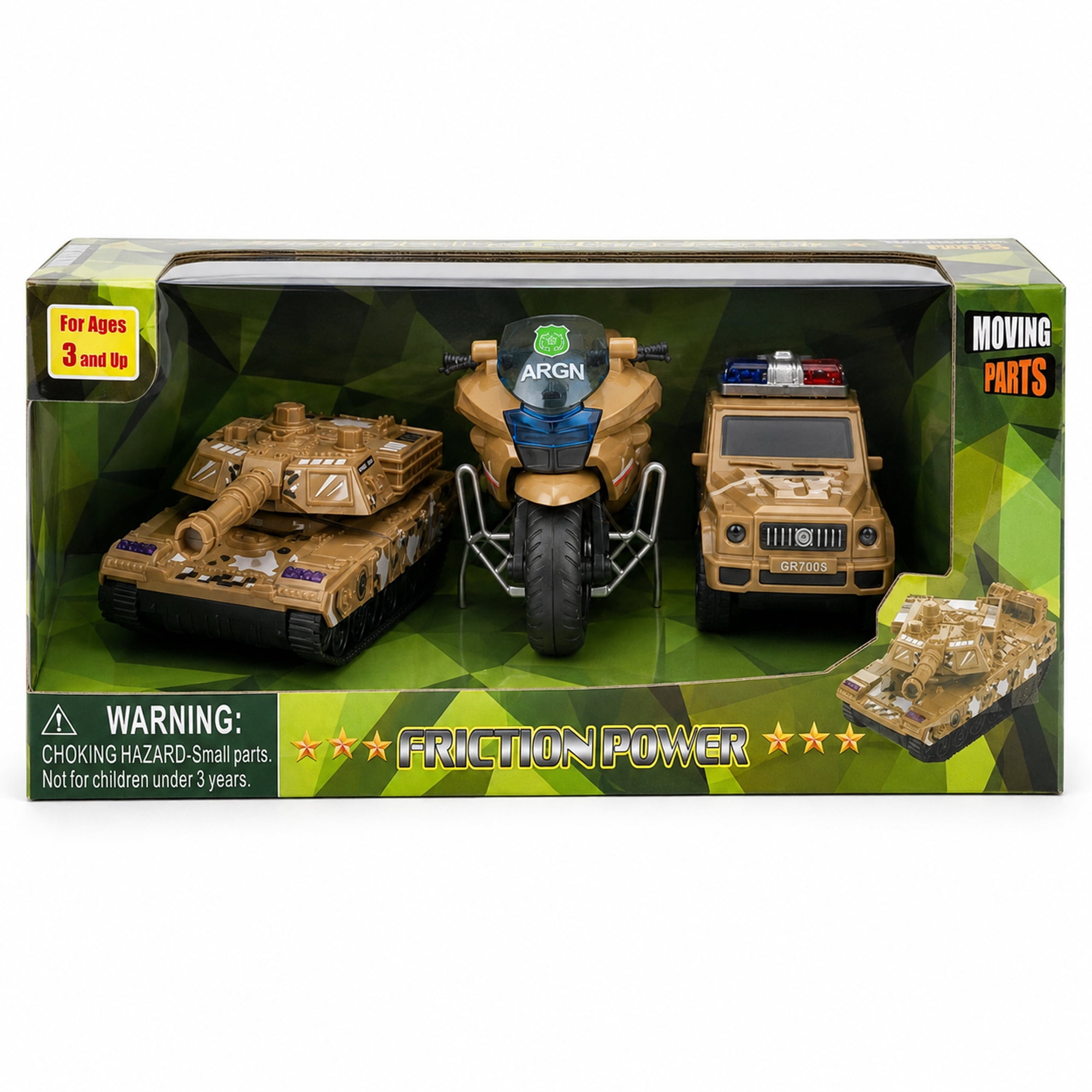 Friction Powered Vehicle Toys 3 Pack, Camouflage Tank Jeep Motorcycle Toy Set for Kids Ages 3+, No Battery Toy Cars, Birthday Gift