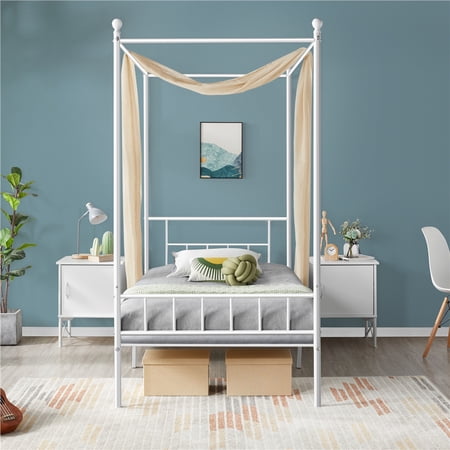 Easyfashion Juno Metal Canopy Bed Frame Four Poster Bed with Headboard and Footboard  White  Queen