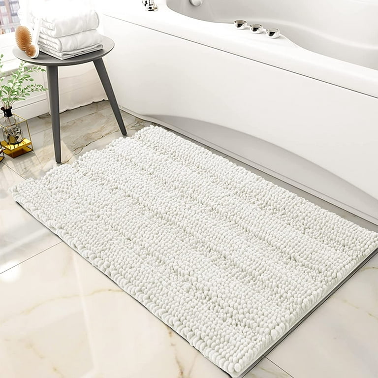 Subrtex Non-Slip Bathroom Rugs Chenille Soft Striped Plush Bath Mat (Ivory, 20 inch x 32 inch)