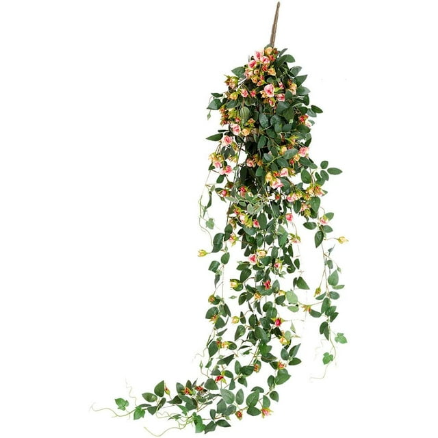 Plantas colgantes artificiales con flores de rosa, guirnalda de 4.5 pies, flor colgante falsa, cadena verde, pared de la casa, habitación, jardín, boda, interior, exterior, decorativa (no incluye cesta) Zhivalor CZJJ-HQ53-2