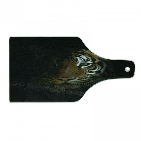 Tiger Cutting Board, King of Sundarbans in a Dark Environment Mild Mannered Majestic Animal, Decorative Tempered Glass Cutting and Serving Board, Wine Bottle Shape, Dark Orange Black, by Ambesonne
