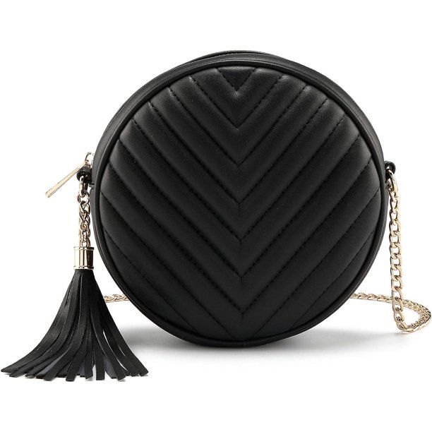 Bolso bandolera para mujer, bolso de hombro, cartera redonda con flecos, cartera de mano, bolso de noche, pequeño bolso de mano de piel sintética, cartera de moda con cadena, color negro
