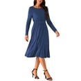thumbnail image 4 of INSPIRE CHIC Women's Crewneck Long Sleeve High Waist Midi Swing Dress with Pockets Deep Blue S, 4 of 4