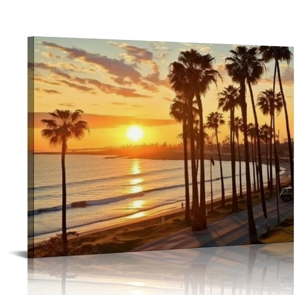 JRXY Canvas Print Pictures Wall Art Painting Coastal Road Sunset in Long Beach California Framed & Stretched Posters Ready to Hang Home Decor Artworks 20x16in