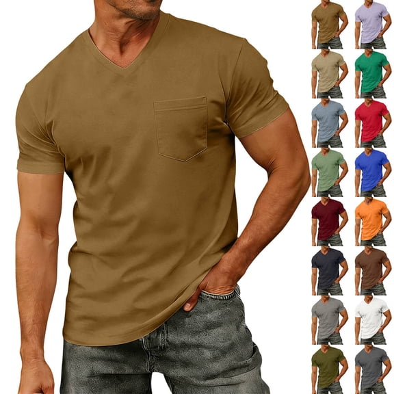 V Neck T Shirt Men Cotton Pocket Tee Shirts Soft Solid Color Casual Short Sleeve Summer Basic Tops Brown M