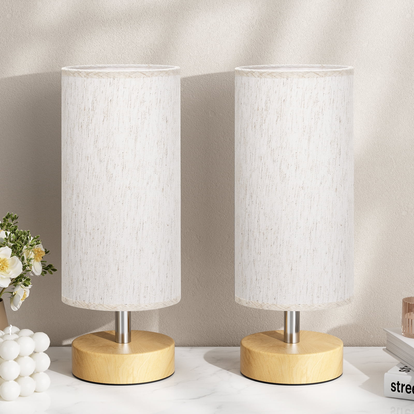 NiteLoom Bedside Table Lamp Set of 2, Cream Fabric Shade Minimalist Nightstand Light for Bedroom, Living Room, Dorm, Office