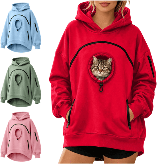Pet Pouch Hoodie for Women Fleece Kangaroo Pocket Sweatshirt Front Carry Pouch Cat Dogpouch Pullover with Large Pocket