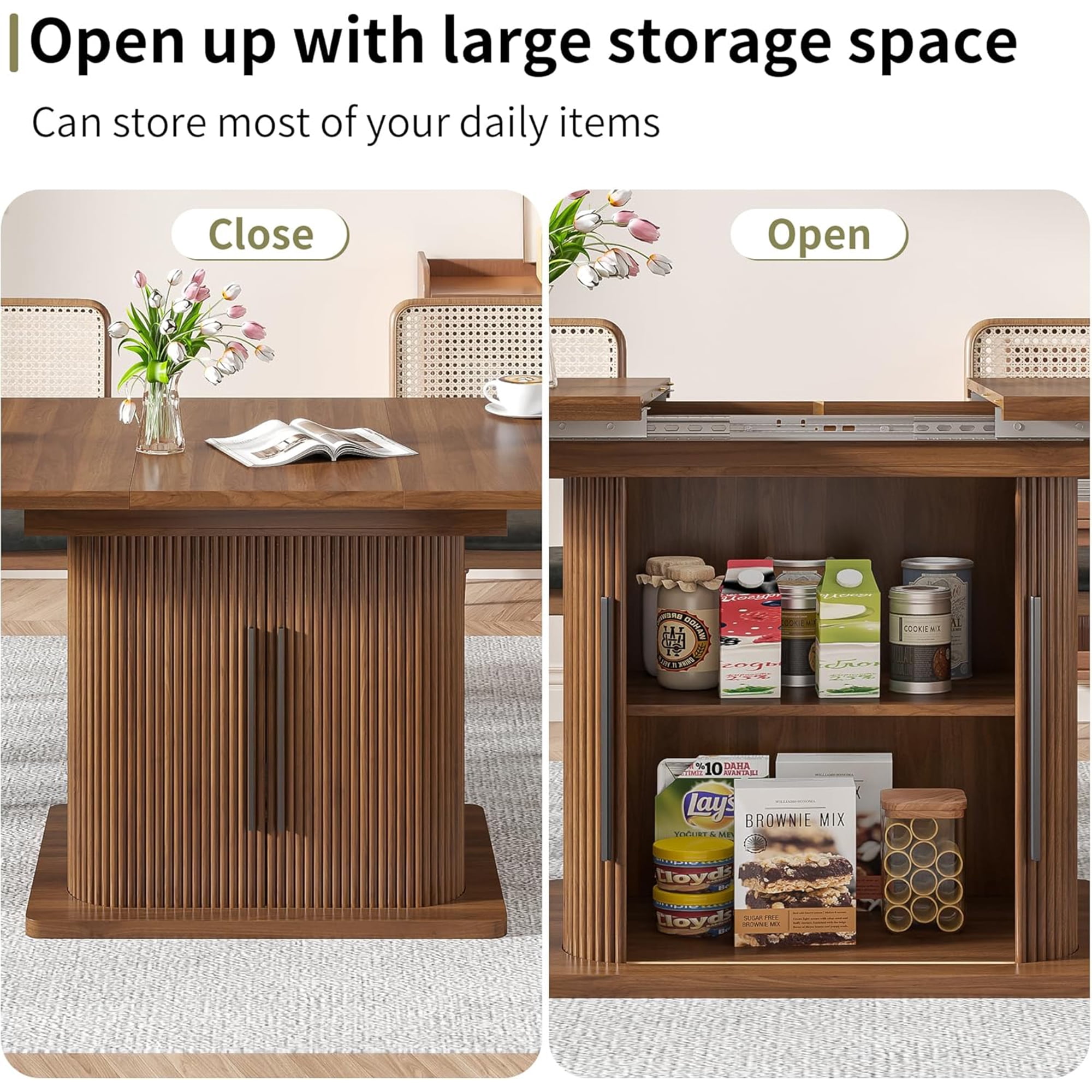 Extendable Dining Table, Rectangle Kitchen Table with Storage Shelf, Modern Dining Room Table, Living Room, Office, Walnut