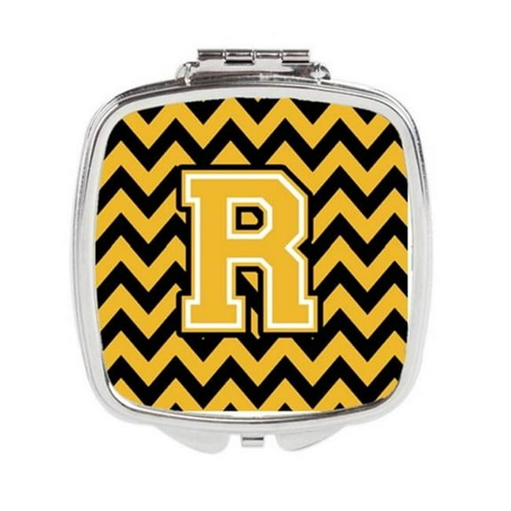 Carolines Treasures Letter R Chevron Black & Gold Compact Mirror - 3 x 0.3 x 2.75 in.