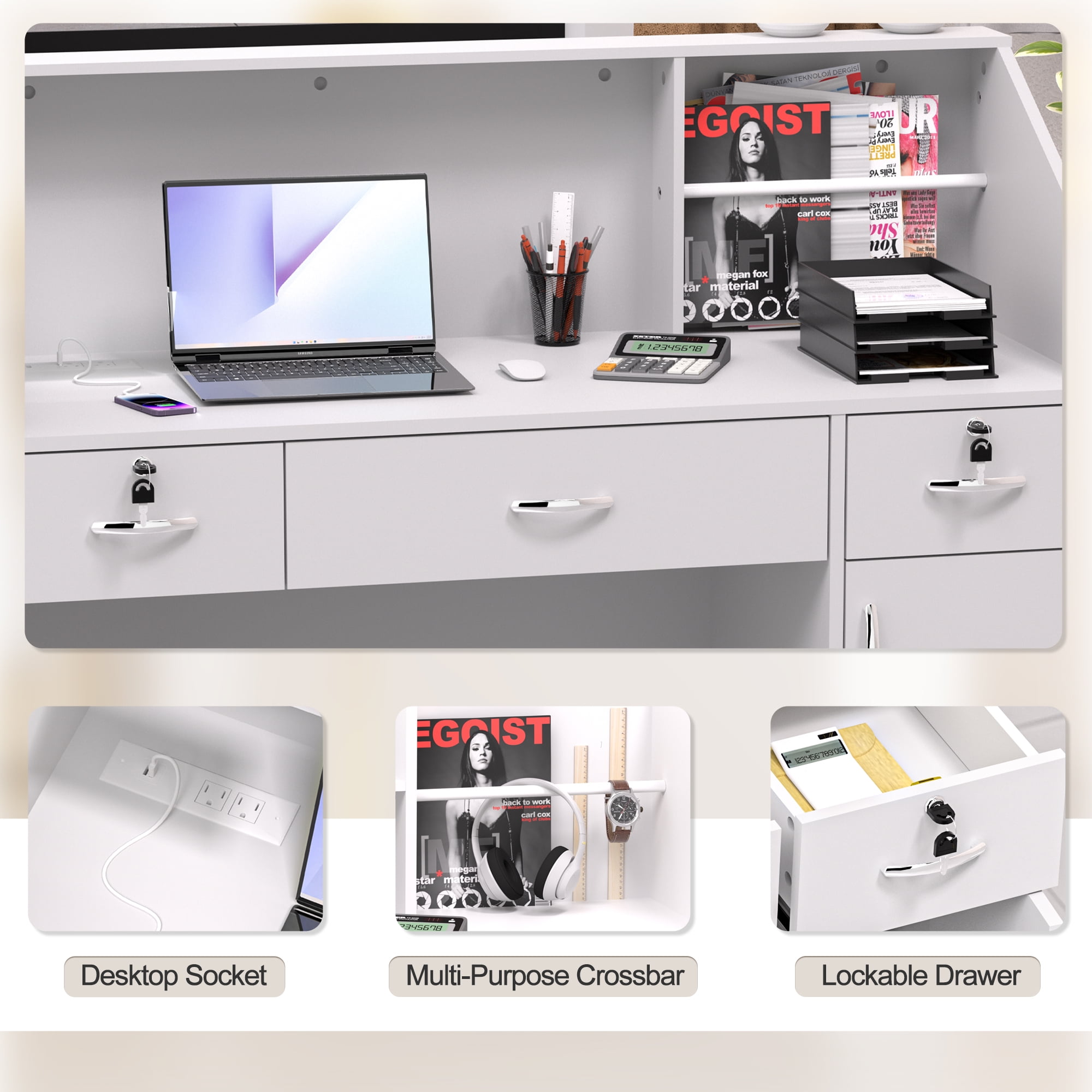 HARIPUL 50-inch Reception Desk with Counter, Front Desk Office Desk with Storage Shelves, White