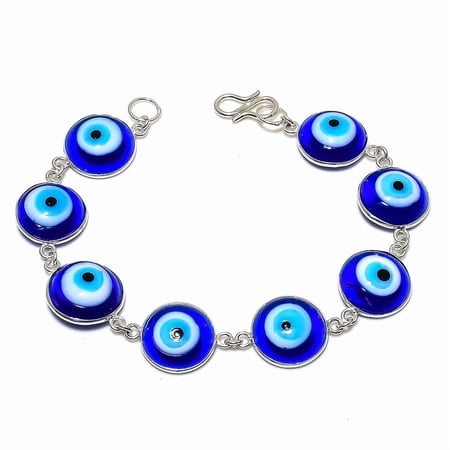 Natural Blue Evil Eye Gemstone Handmade 925 Sterling Silver Bracelet 7-8"