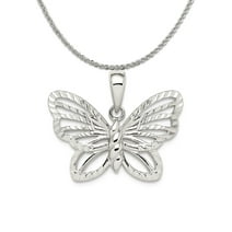 Carat in Karats Sterling Silver Polished Finish Diamond-Cut Butterfly Charm Pendant (16mm x 23.1mm) With Sterling Silver Rope Chain Necklace 16''