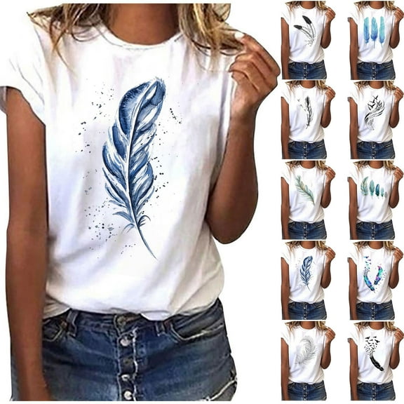 Fesfesfes Womens Tops Casual Fashion Women Short Sleeve T-Shirt Feather Print Casual Top Tee Blouse T Shirt Pack 8(L)
