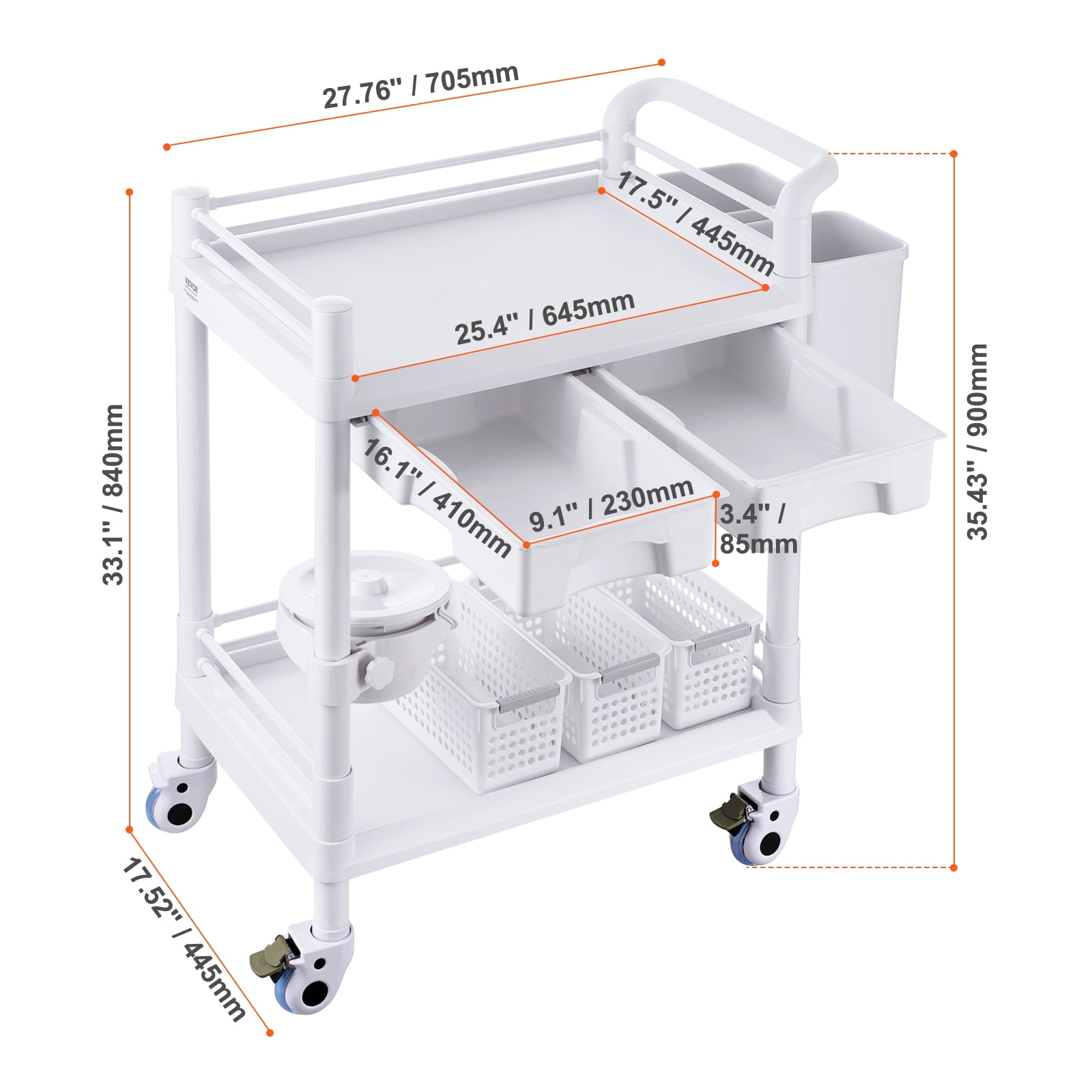 VEVOR 2 Tiers Lab Carts, Lab Utility Cart with 2 Trays, 2 Drawers & 4 Silent Wheels, Mobile Medical Cart with PP Material, Lab Rolling Cart with 3 Trash Cans for Lab, Clinic, Hospital, Salon, White