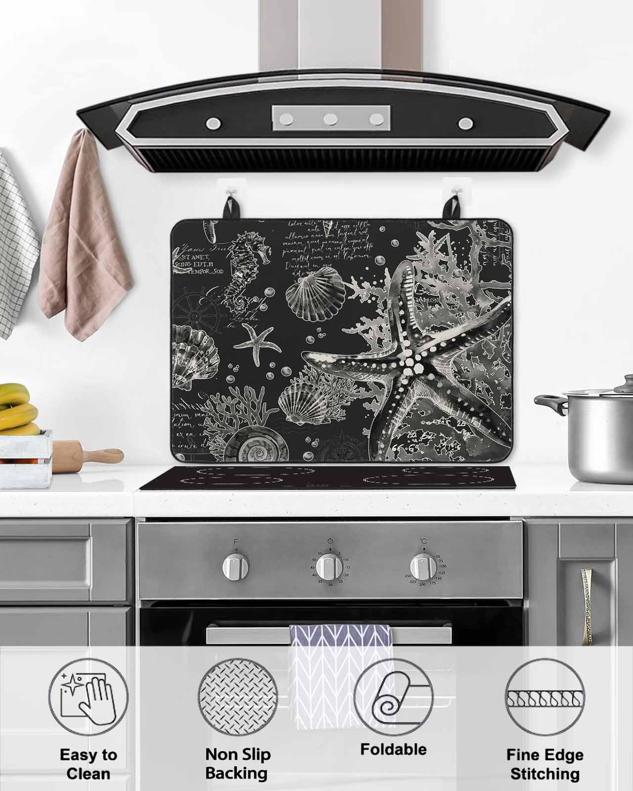 nqOlkjepod Large Induction Cooktop Protector Mat 24"x21", Black Coastal Starfish Stove Top Covers for Electric Stove, Vintage Coral Seahorse Shell Stove Burner Cover Mats, Glass Top Stove Cover