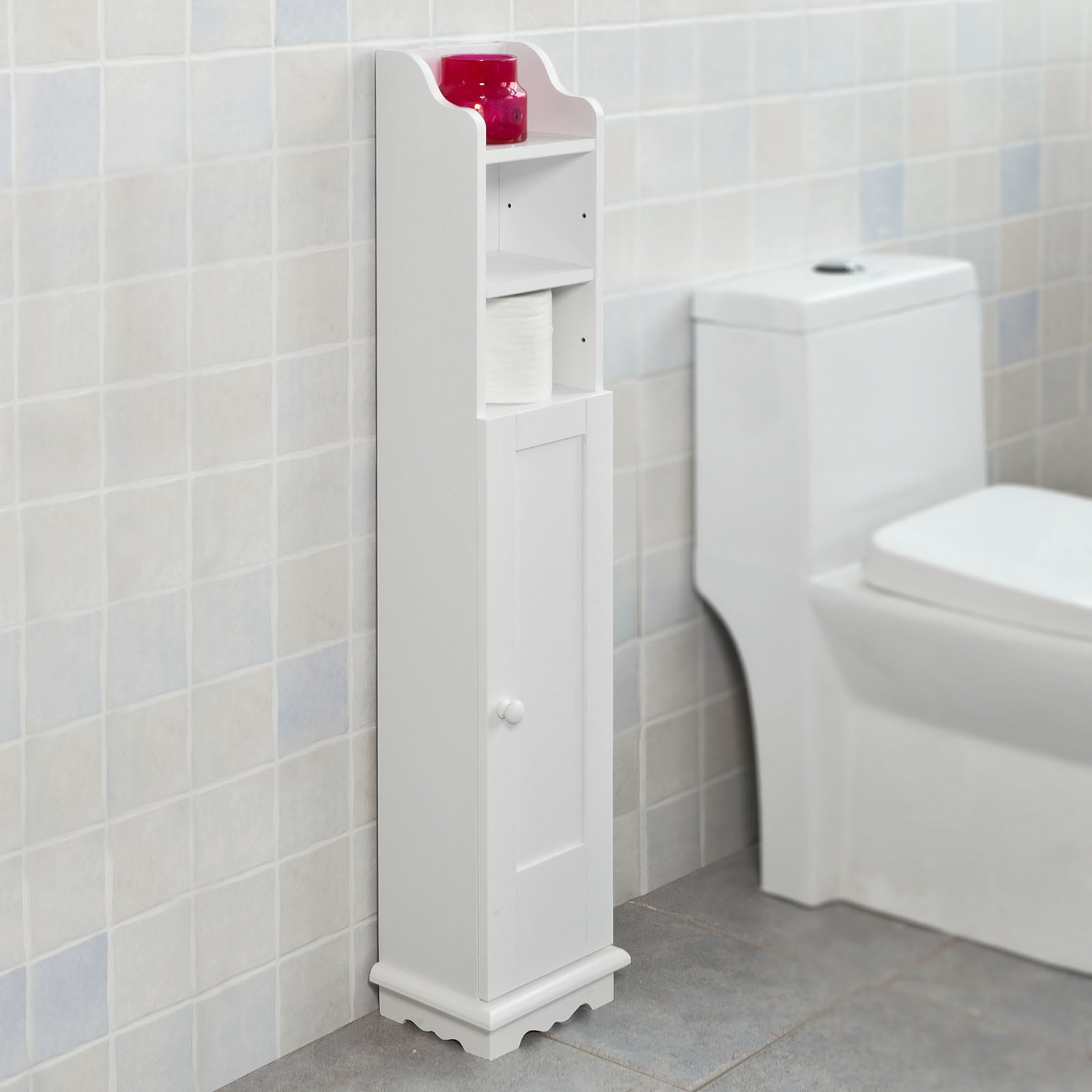image of Haotian FRG177-W, White Free Standing Wooden Bathroom Toilet Paper Roll Holder Storage Cabinet Holder Organizer Bath Toilet
