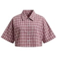 thumbnail image 5 of Womens Cropped Plaid Shirt Short Sleeve Vintage Preppy Clothes (Red S), 5 of 7