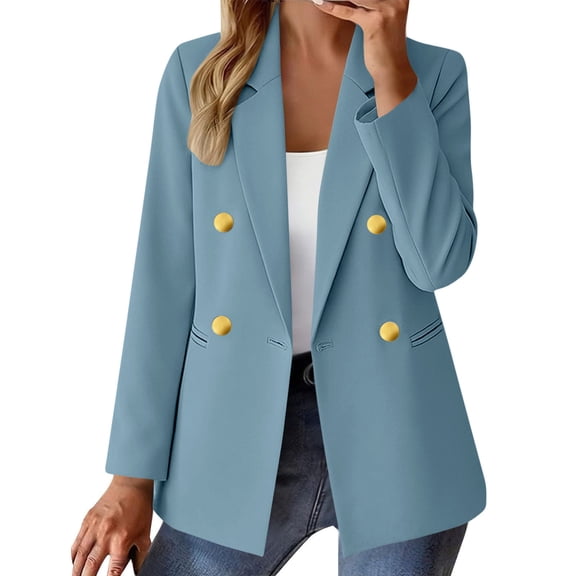Womens Blazer Jacket Double Breasted Long Sleeve Work Dressy Casual Outfit Notch Lapel Bsuiness Office Outwear (XL, Light Blue)