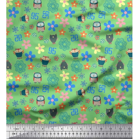 Soimoi Velvet Fabric Owl, Numbers & Floral Clip Art Print Fabric by Yard 58 Inch Wide