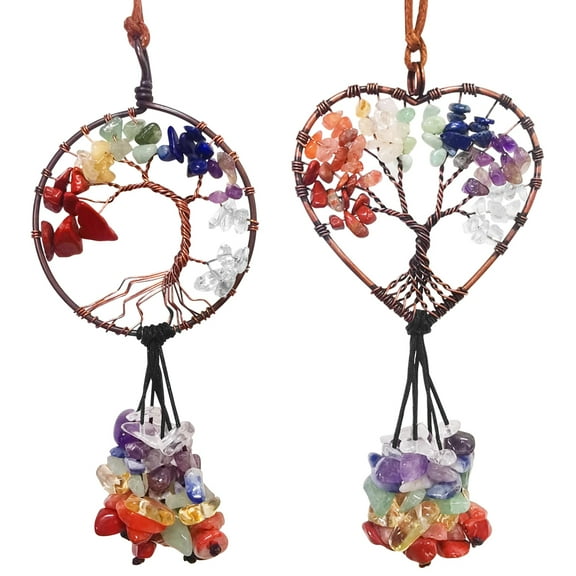 2 Pcs Tree of Life Rear View Mirror Accessories, AFUNTA 7 Chakra Crystals and Healing Stones Seven-Colored Stone Car Hanging Accessories Good Luck Wall Decor