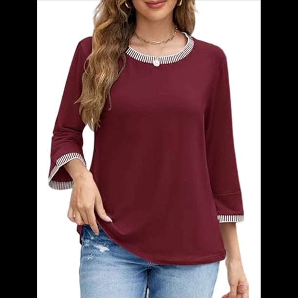 Blusas de 3/4 para Mujer, Elegantes, Informales, con Cuello Redondo, Holgadas y A , para Vino Tinto XL