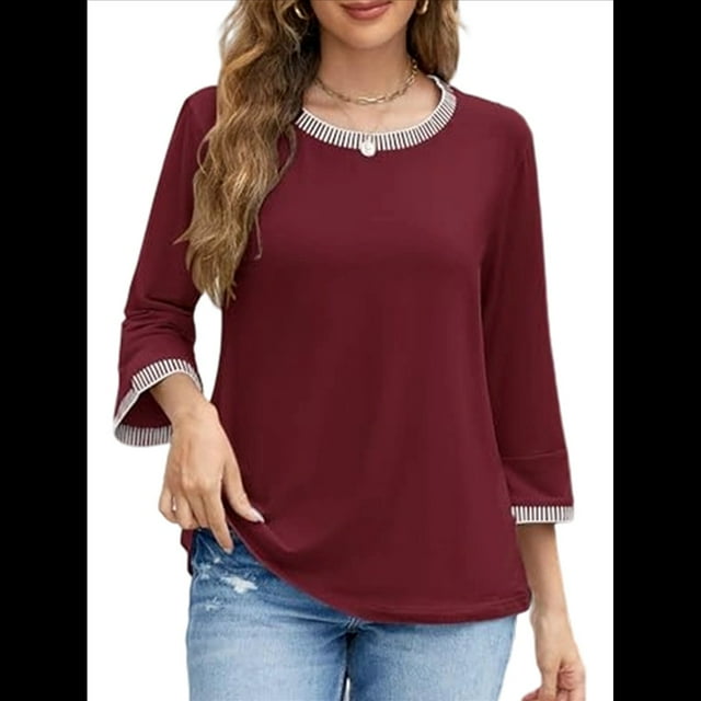 Blusas de 3/4 para Mujer, Elegantes, Informales, con Cuello Redondo, Holgadas y A , para Vino Tinto M
