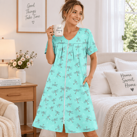 Jamicy Cute Dresses for Women Zipper Robes Short Sleevele Bathrobes Lightweight Knee Length Housecoat with Pockets Nightgown Soft Pajama Dress