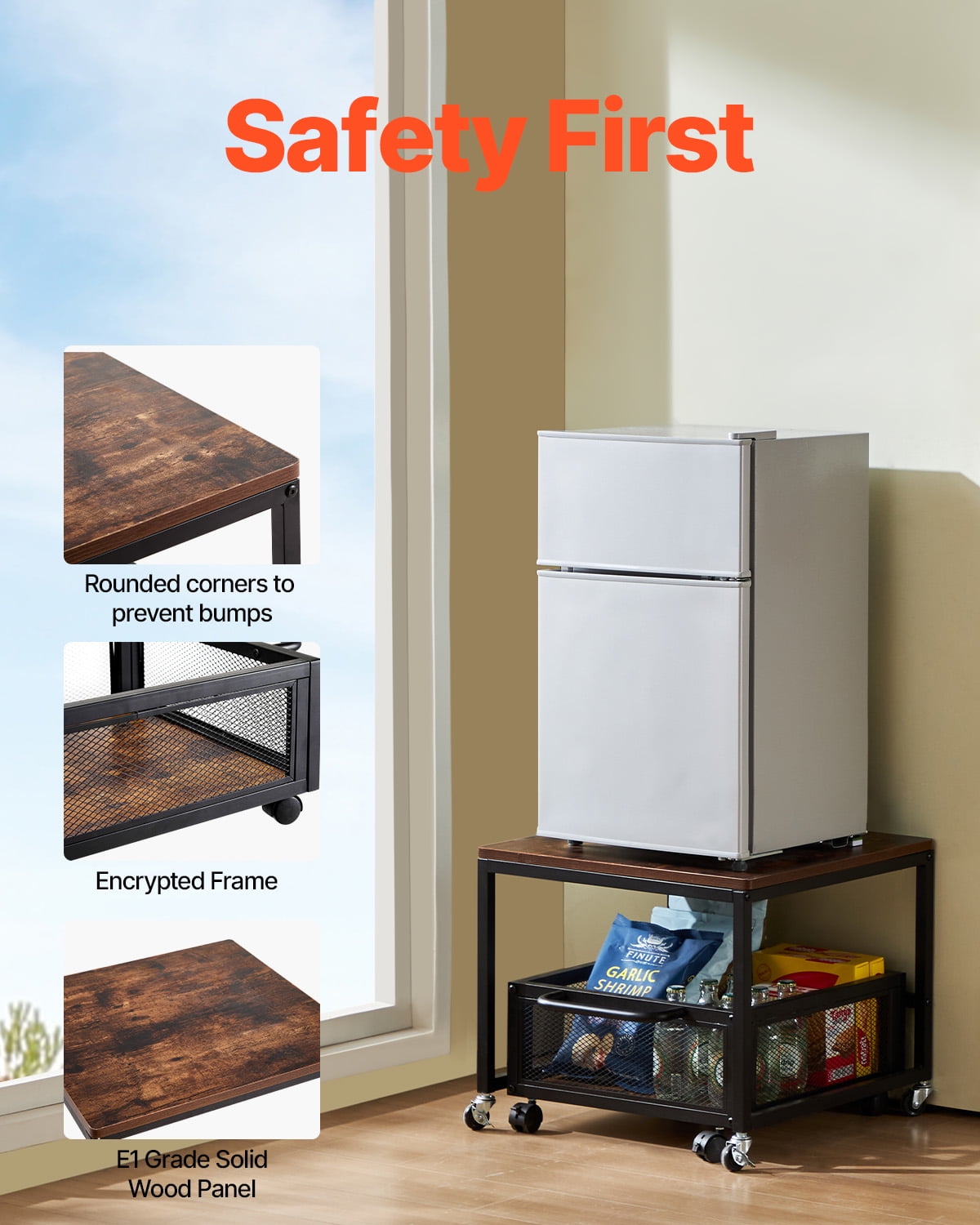 VEVOR Mini Fridge Stand with Storage, 198 lbs Mini Fridge Table with Movable Storage Cart & Swivel Wheels, Beverage Refrigerator Stand for Coffee Bar, Mini Fridge Organizer for Home Dorm, Dark Brown