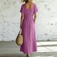 thumbnail image 6 of 2026 Summer Dress for Women Cotton Linen Square Neck Short Sleeve Long Dress with Pockets & Side Slit Beach Sundress, 6 of 7