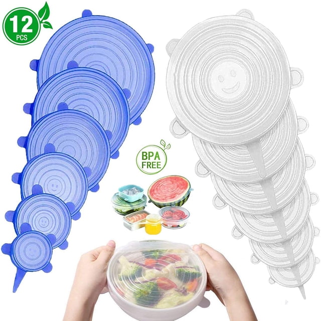 Roofei Couvercle de Bol Alimentaire Durable de Différentes Tailles, Couvercle de Conservation Extensible, Couvercles de Stockage Alimentaire Extensibles Réutilisables pour Conteneur, (Bleu+blanc)