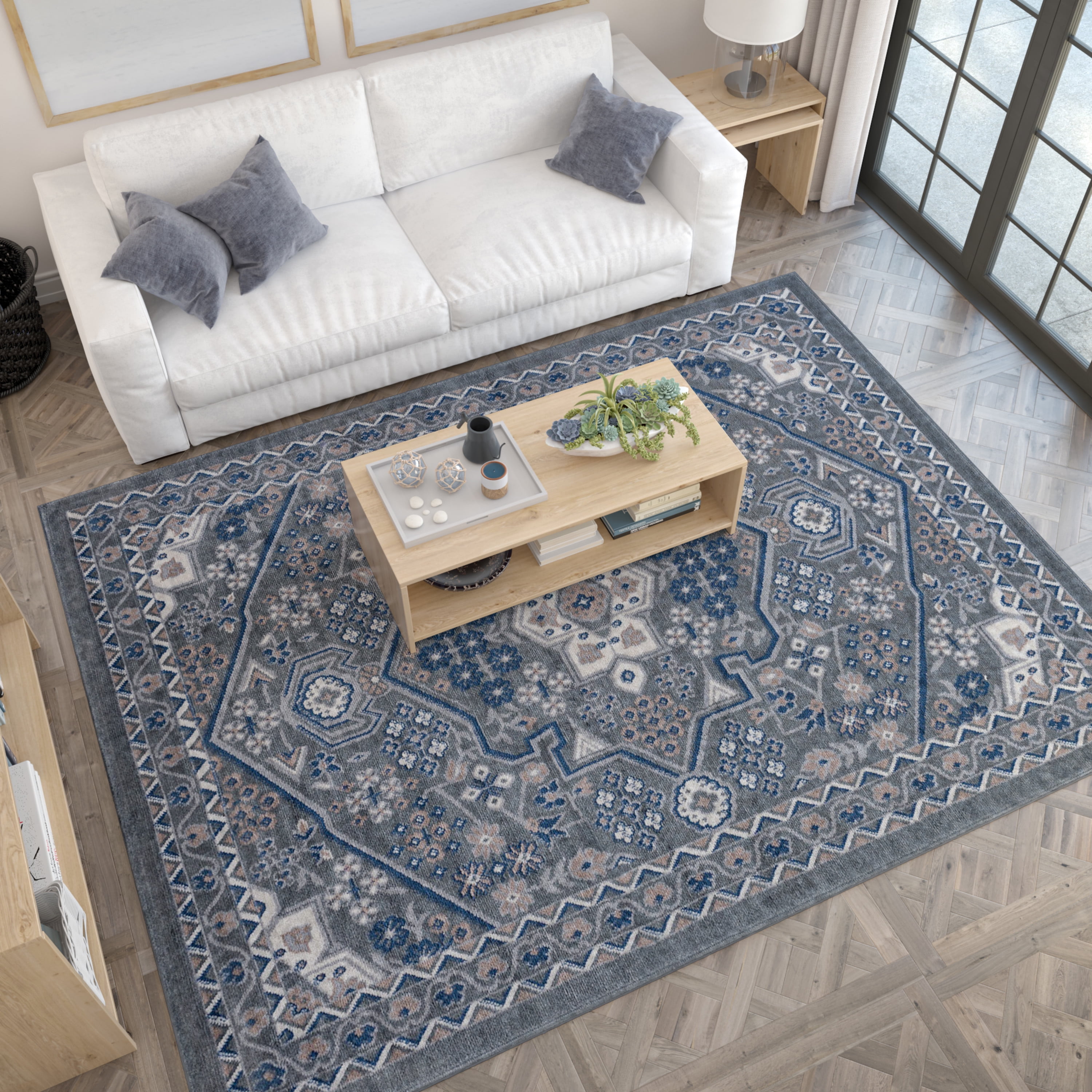 Hampton Traditional 5' x 7' Gray and Cream Polypropylene Indoor Area Rug