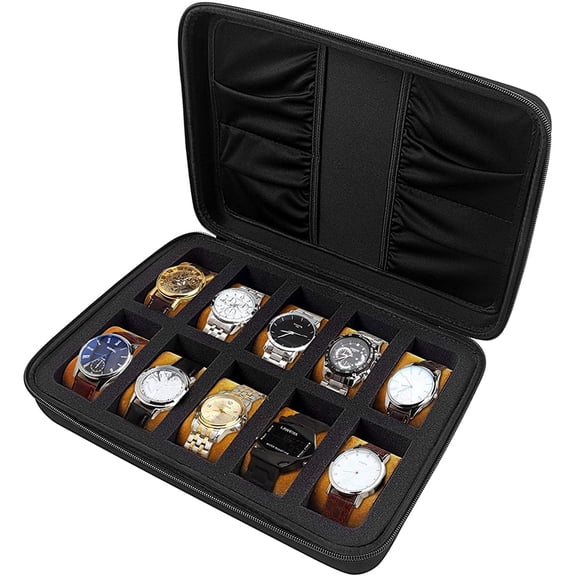 10 Slots Watch Box Organizer/ Men Watch Display Storage Case Fits for All Wristwatches and Smart Watches up to 42mm with Extra 4 Pocket for Watch Band and Other Accessories (Black)