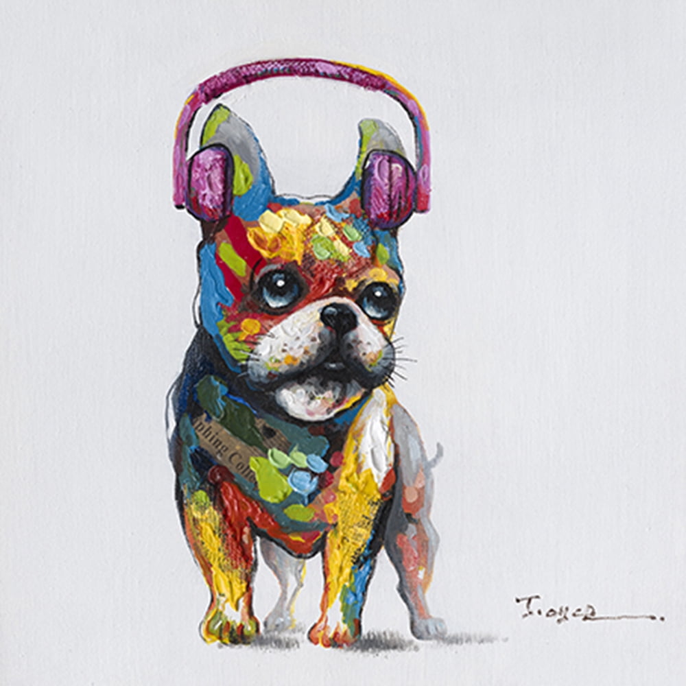 Pet Wall Art Dog With Headphones Fun Colorful Canvas Stretched Frame