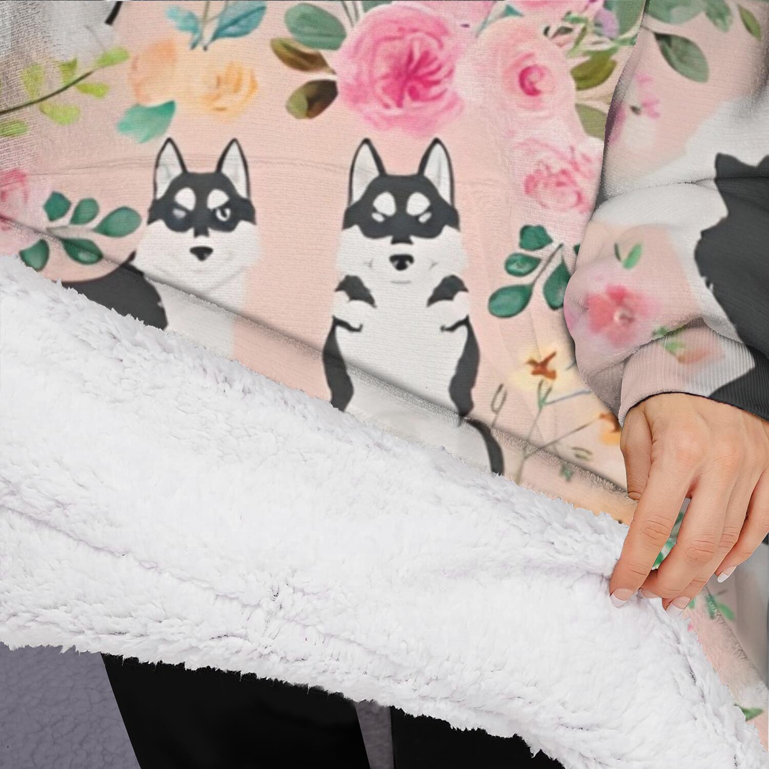 Oversized Wearable Blanket Hoodie,Husky Dog Flower Floral Sherpa Blanket Hoodie with Super Pockets,Super Warm Fuzzy Pullover for Women & Men