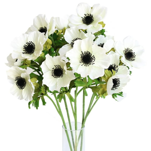 Htmeing 5pcs Artificial Anemone Full Blooming Flower Bushes with Green Foliage for Mother's Day or Decoration for Home, Restaurant, Office & Wedding (White)