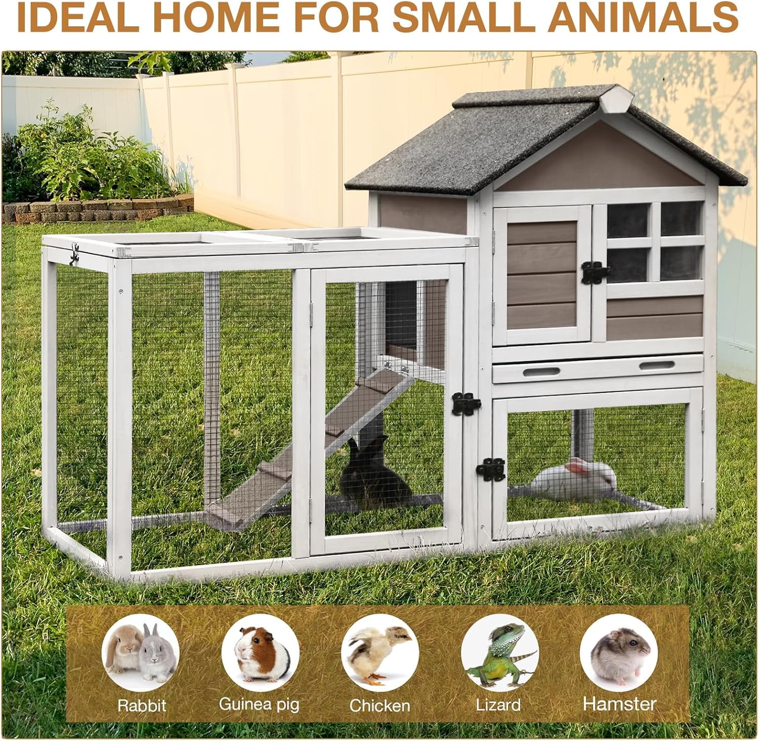Aivituvin 51.6''L Rabbit Hutch Outdoor Chicken Coop, Indoor Bunny Cage with Run, Guinea Pig House with Pull Out Upper Tray, Brown