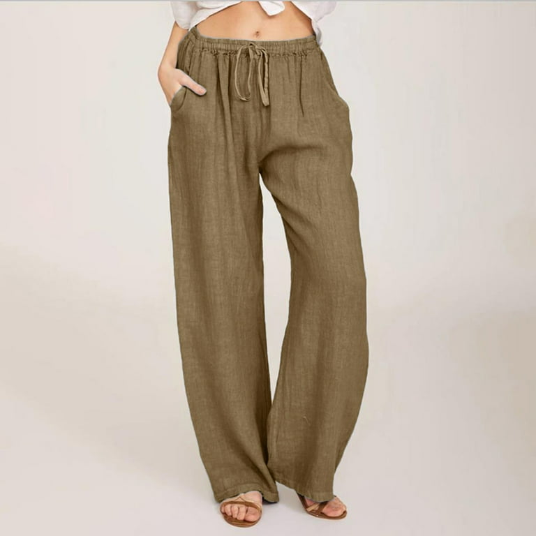 xinqinghao womens wide leg pants casual solid color pants cotton and linen  loose trousers straight leg lounge pants women brown xxxl
