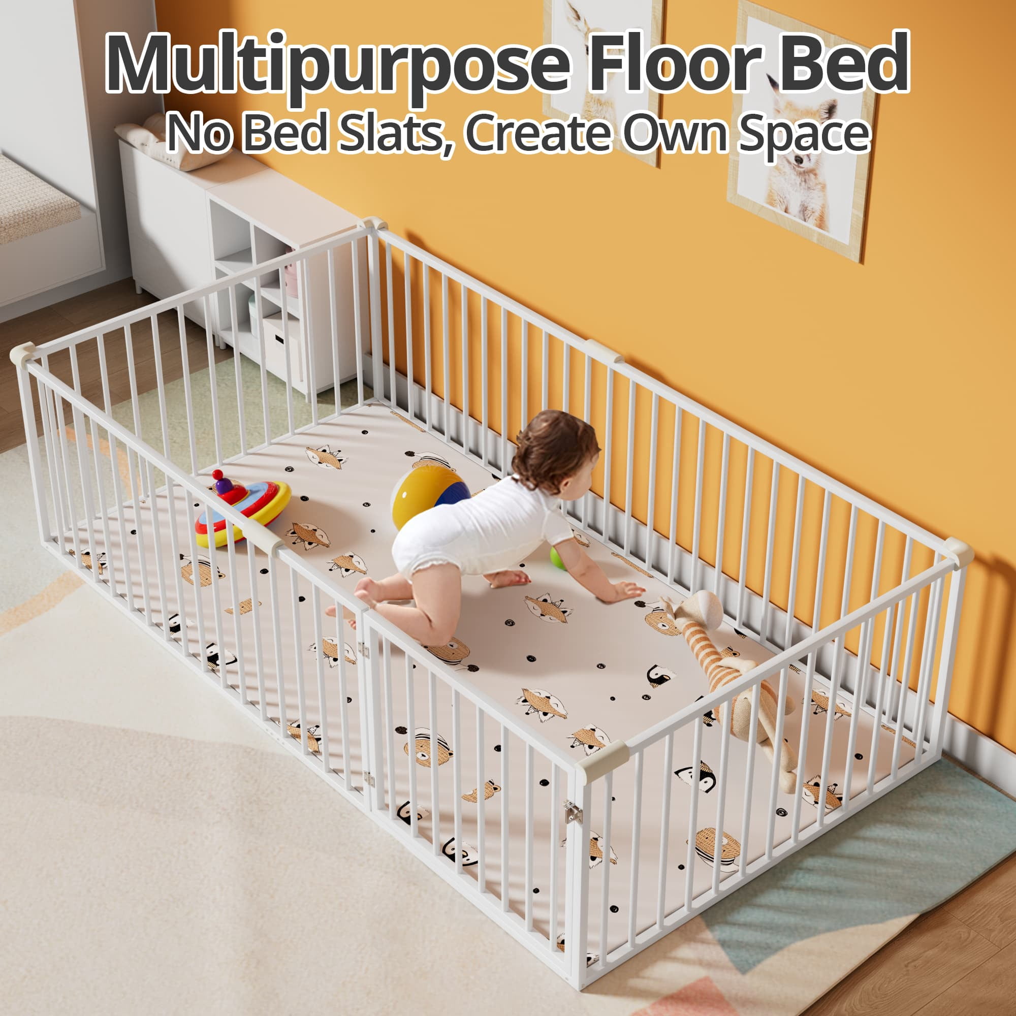 Twin Size Montessori Floor Bed with Safety Fence and Door, Metal Floor Bed Frame with Rails, Minimalist Versatile Floor Bed for Children Bedroom, Toddlers, Boys Girls, Kids Playroom, White