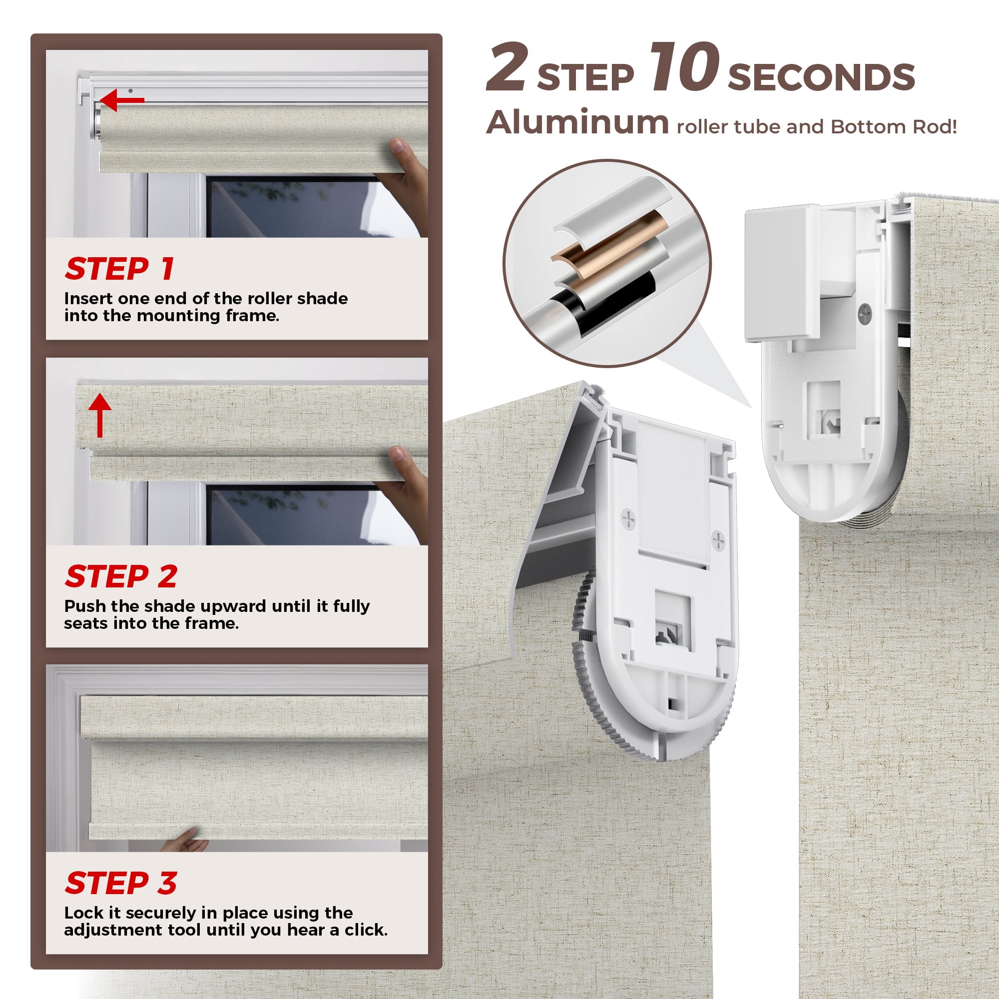 Allesin zen No Drill No Tools Blackout Roller Shades for Windows, 100% Blackout Linen Fabric,( Linen,46x48)