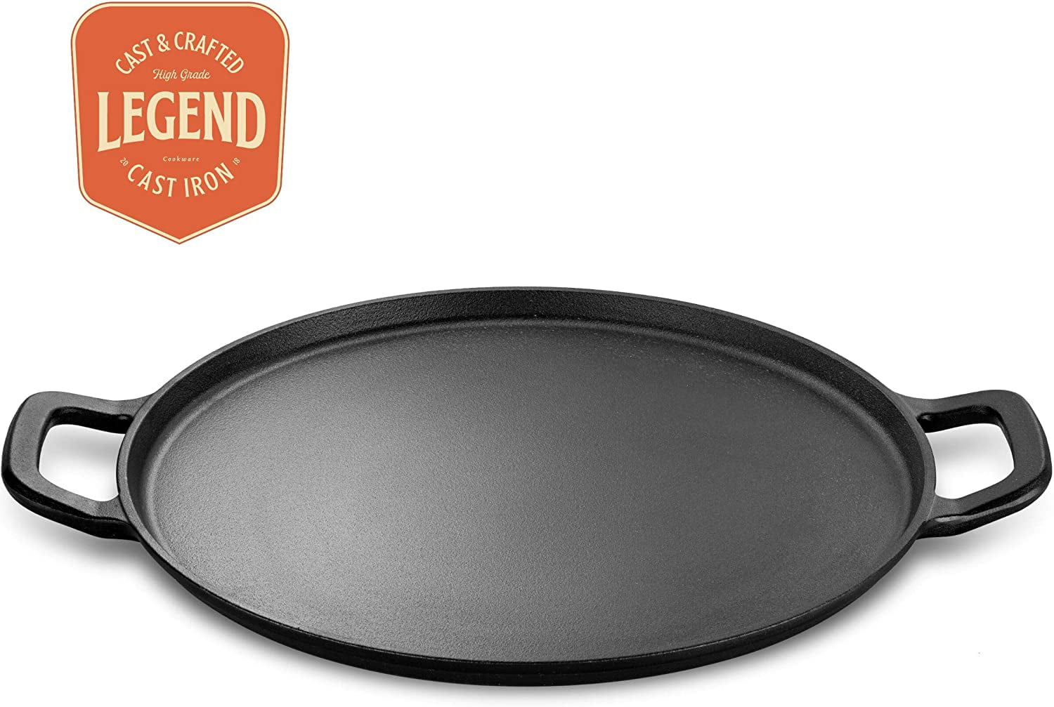 Legend Cast Iron Pizza Pan, 14” Steel Pizza Cooker with Easy Grip Handles, Deep Stone for Oven or Griddle for Gas, Induction, Sauteing, Grilling
