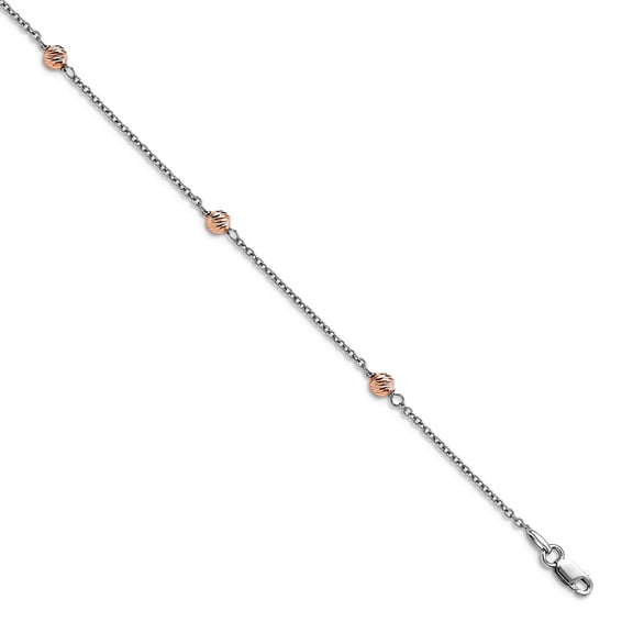 1.5mm 14k White and Rose Gold Polished Sparkle-Cut Beaded With 1inch Ext. Anklet 9.5 Inch Anklet for Women